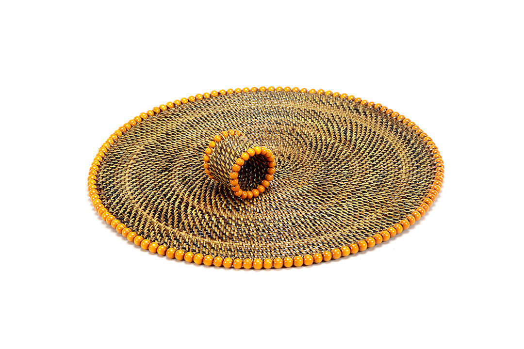 Round Placemat and Napkin Ring, With Orange Wood Beads, Set of 4
