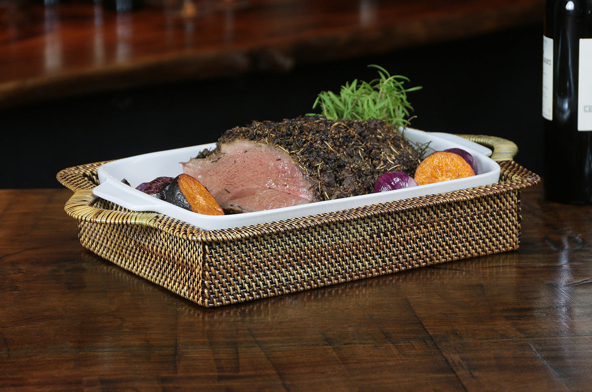 Calaisio Rectangular Casserole Basket with Stoneware Roaster, Large 3QT