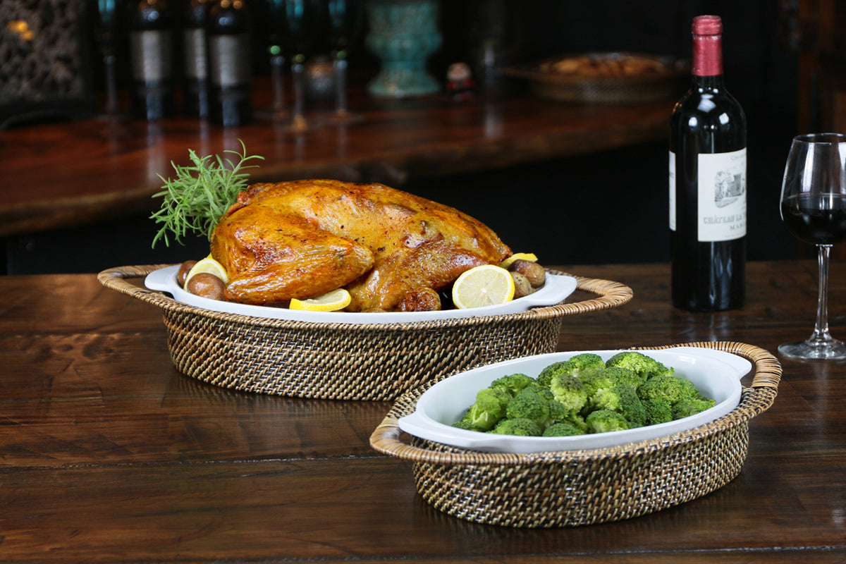 Calaisio Oval Casserole Basket with Stoneware Roaster, Medium 2QT