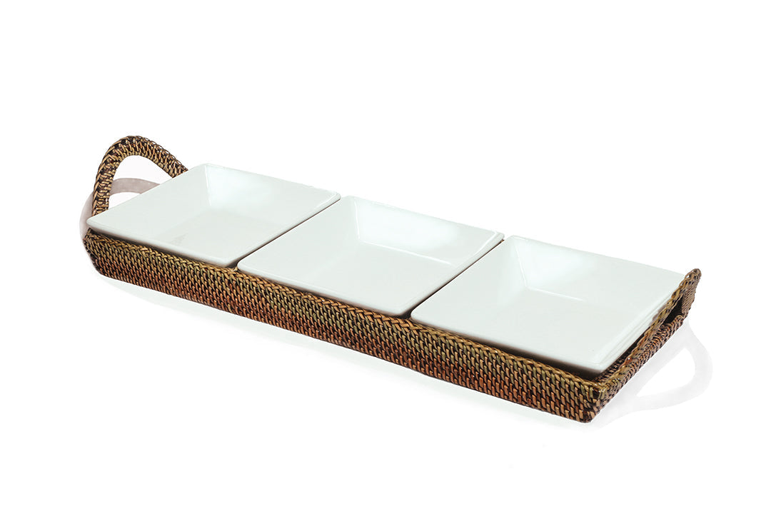 Crudite Section Condiment Server Tray with 3 Porcelain Dish
