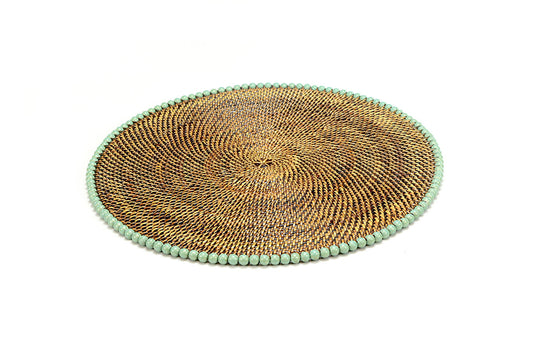 Round Placemat 14", With Light Mint Gold Wood Beads, Set of 4