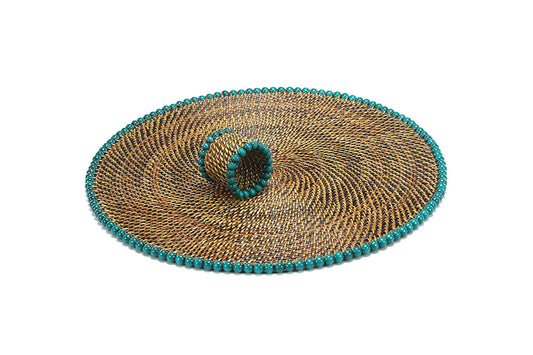 Round Placemat and Napkin Ring, With Seagreen Wood Beads, Set of 4