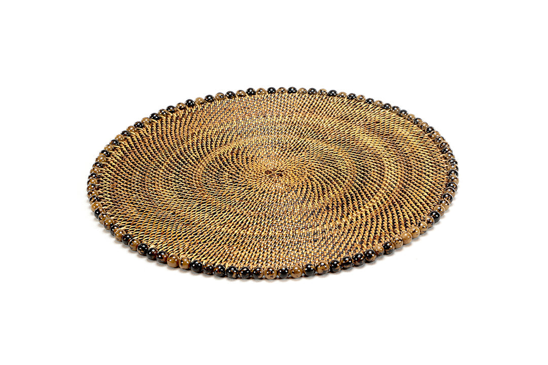 Round Placemat 14", With Tortoise, Natural Seed Beads, Set of 4