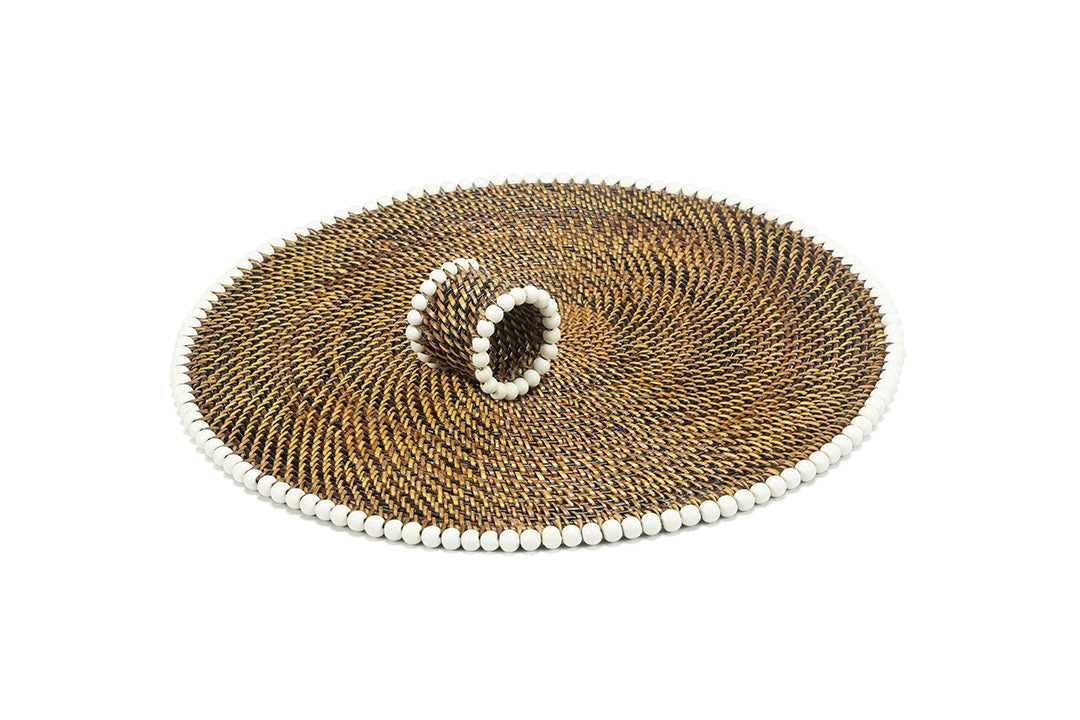 Round Placemat and Napkin Ring, With White Wood Beads, Set of 4
