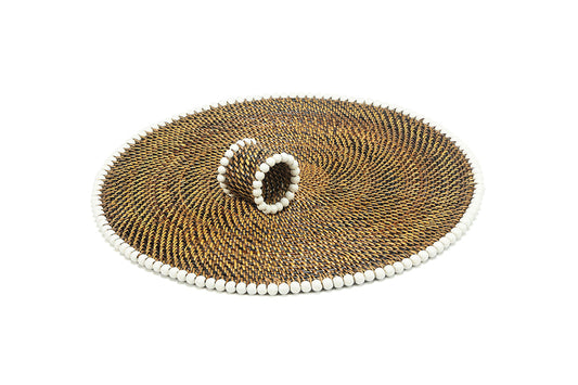 Round Placemat and Napkin Ring, With White Wood Beads, Set of 4