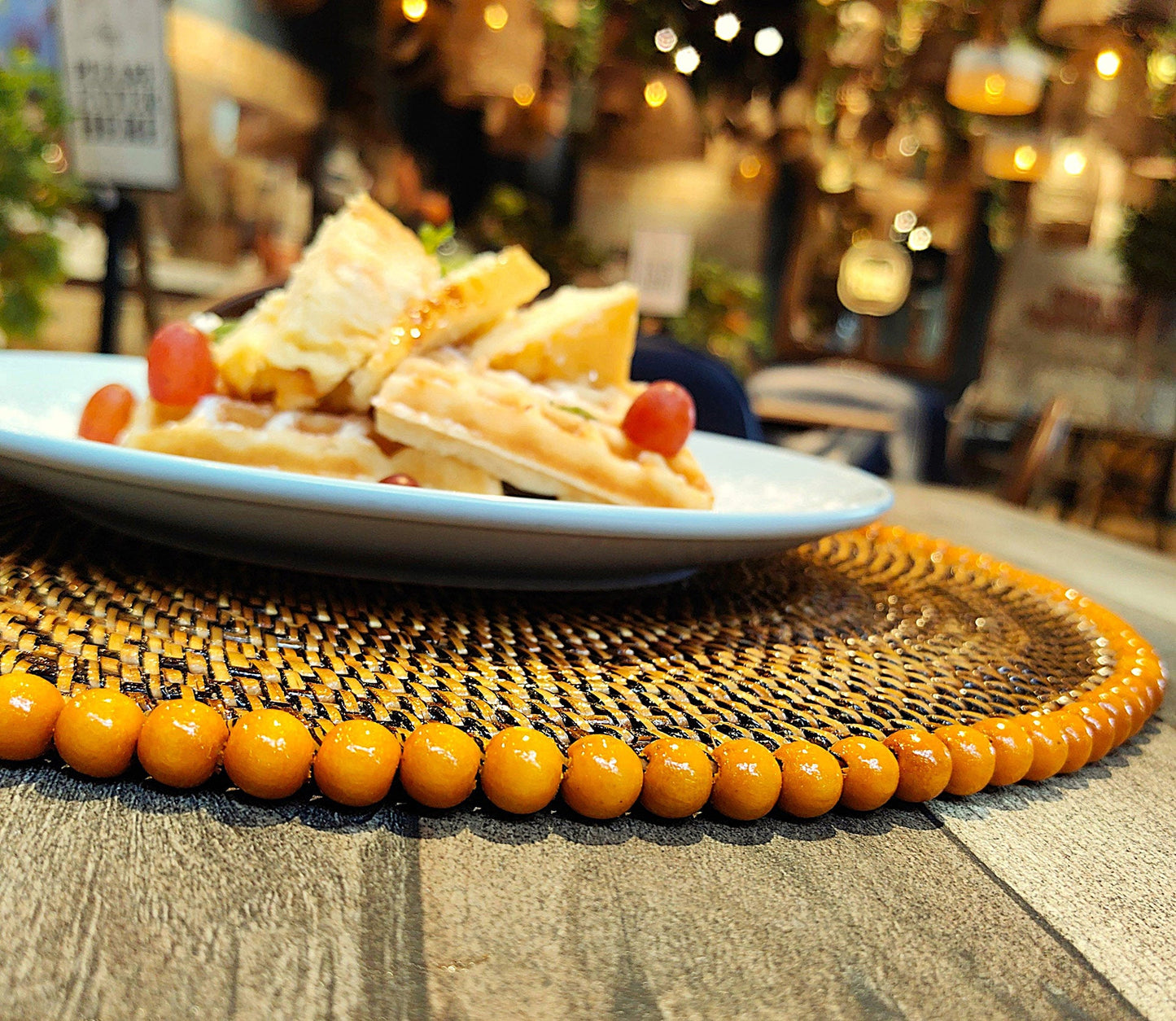 Round Placemat 14", With Orange Wood Beads, Set of 4